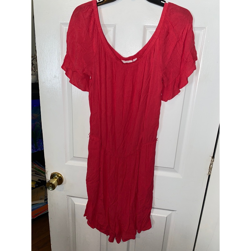 New York & Company Red Flutter Sleeve Romper‎ Scoop Neck Textured Crepe Large